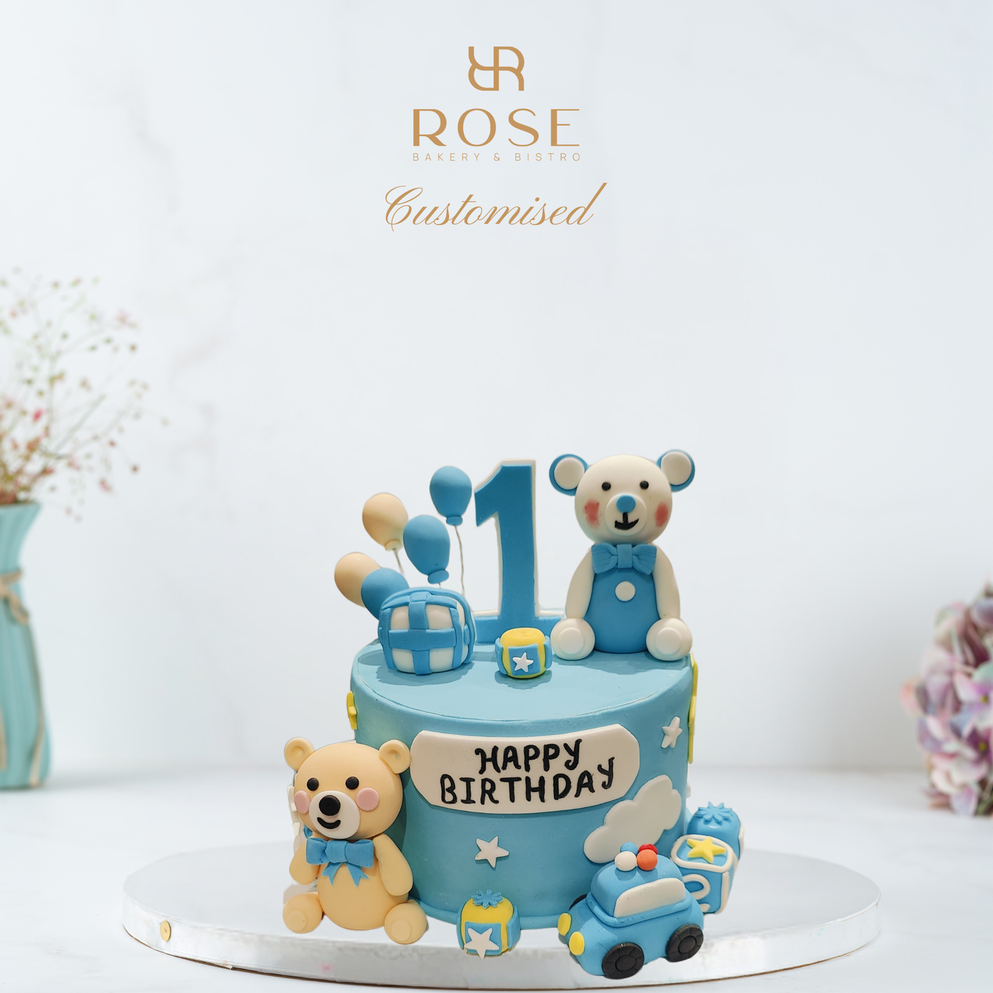 Blue Teddy Bear & Toy Train Birthday Cake