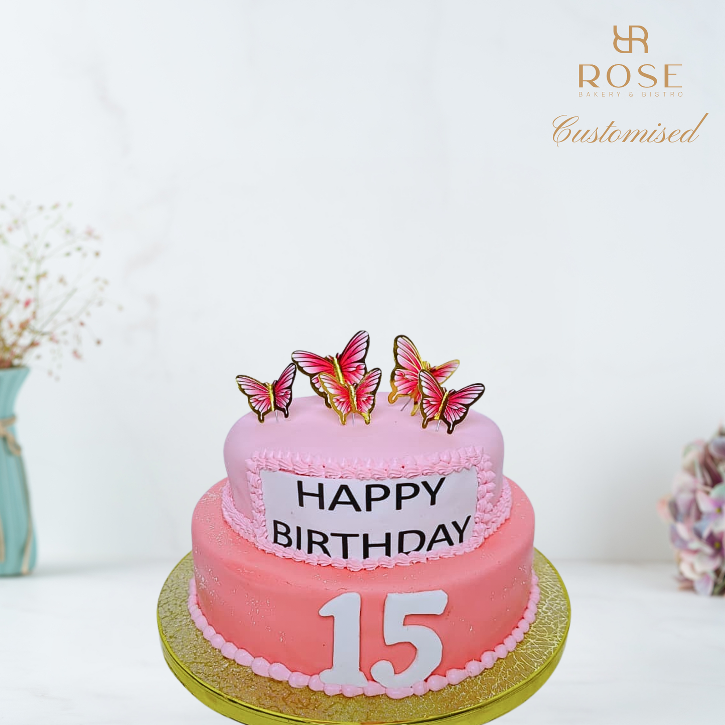 Pink Butterfly 2-Tier Birthday Cake
